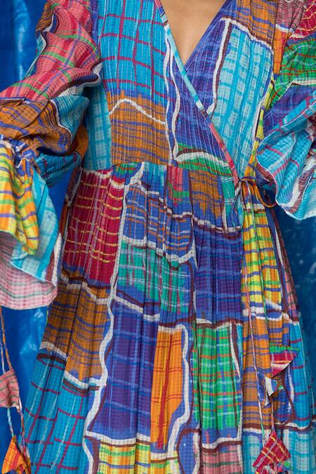 Shop Doh Tak Keh Blue Cotton Tassels V-neck Gingham Printed Tiered Wrap Dress Online at Aza Fashions Shop_Doh Tak Keh_Blue Cotton Tassels V-neck Gingham Printed Tiered Wrap Dress_Online_at_Aza_Fashions