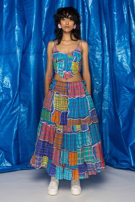 Doh Tak Keh Blue Cotton Gingham Printed Tiered Flared Skirt Online at Aza Fashions Doh Tak Keh_Blue Cotton Gingham Printed Tiered Flared Skirt_Online_at_Aza_Fashions