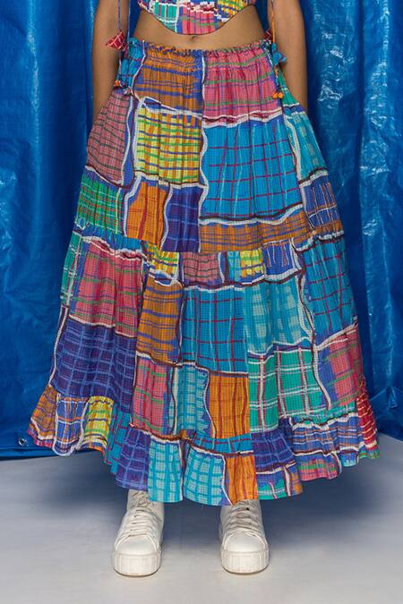 Buy Doh Tak Keh Blue Cotton Gingham Printed Tiered Flared Skirt Online at Aza Fashions Buy_Doh Tak Keh_Blue Cotton Gingham Printed Tiered Flared Skirt_Online_at_Aza_Fashions