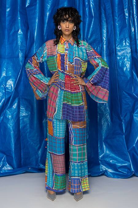 Doh Tak Keh_Blue Cotton Collared Gingham Printed Sleeve Top_Online_at_Aza_Fashions