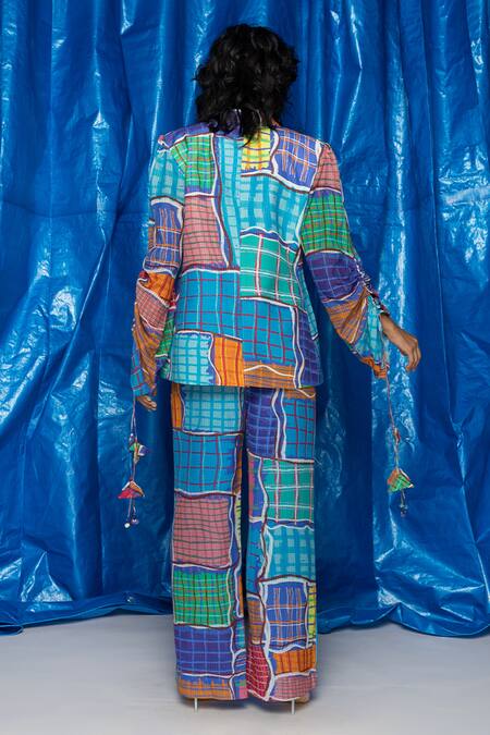 Shop_Doh Tak Keh_Blue Cotton Voile Printed Gingham Wide Legged Trouser _at_Aza_Fashions