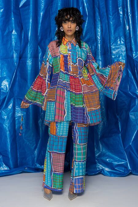 Doh Tak Keh_Blue Cotton Voile Printed Gingham Wide Legged Trouser _Online_at_Aza_Fashions