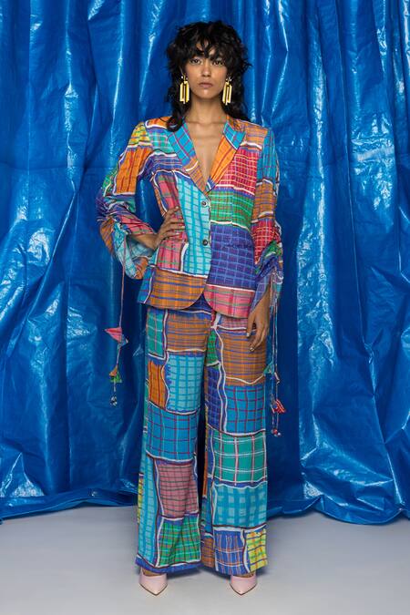 Buy_Doh Tak Keh_Blue Cotton Voile Printed Gingham Wide Legged Trouser _Online_at_Aza_Fashions