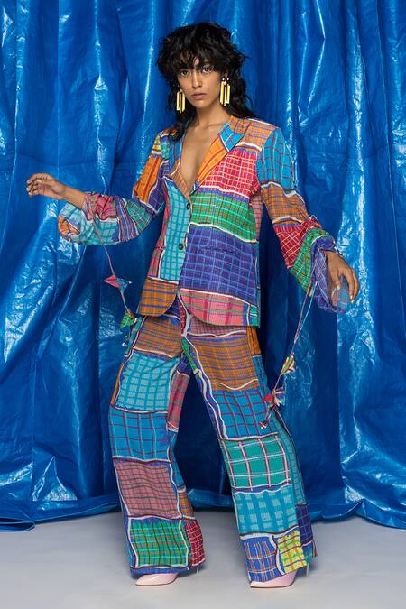 Shop_Doh Tak Keh_Blue Cotton Voile Printed Gingham Wide Legged Trouser _Online_at_Aza_Fashions