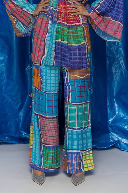Doh Tak Keh_Blue Cotton Voile Printed Gingham Wide Legged Trouser _at_Aza_Fashions
