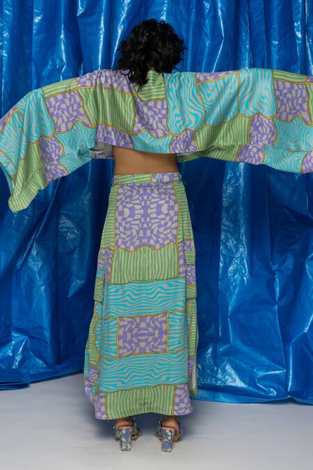 Shop Doh Tak Keh Grey Satin Metallic Thread Illaake Abstract Geometric Print Skirt at Aza Fashions Shop_Doh Tak Keh_Grey Satin Metallic Thread Illaake Abstract Geometric Print Skirt_at_Aza_Fashions