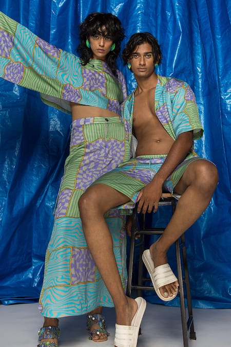 Doh Tak Keh Grey Satin Metallic Thread Illaake Abstract Geometric Print Skirt at Aza Fashions Doh Tak Keh_Grey Satin Metallic Thread Illaake Abstract Geometric Print Skirt_at_Aza_Fashions