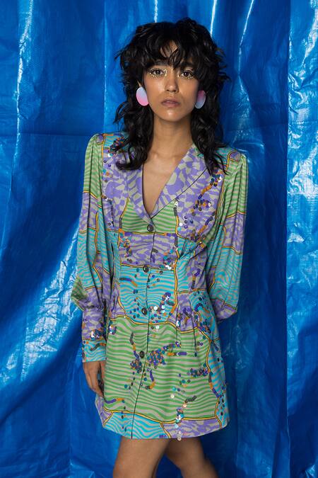 Doh Tak Keh Grey Muslin Sequins, Embroidery Collared Illaake Printed Blazer Dress Online at Aza Fashions Doh Tak Keh_Grey Muslin Sequins, Embroidery Collared Illaake Printed Blazer Dress_Online_at_Aza_Fashions