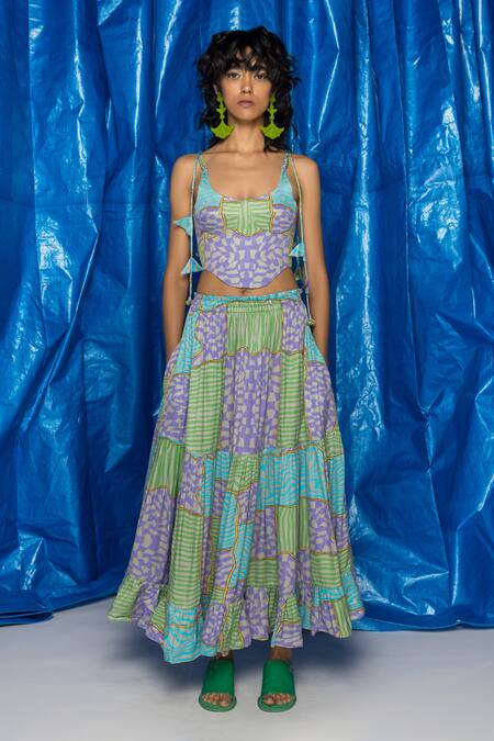 Doh Tak Keh_Grey Muslin Tassels Scoop Neck Illaake Printed Corset Top _Online_at_Aza_Fashions