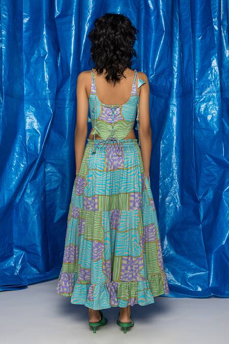 Shop_Doh Tak Keh_Grey Muslin Tassels Scoop Neck Illaake Printed Corset Top _at_Aza_Fashions