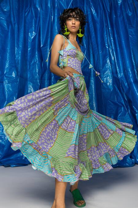 Buy_Doh Tak Keh_Grey Muslin Tassels Scoop Neck Illaake Printed Corset Top _Online_at_Aza_Fashions