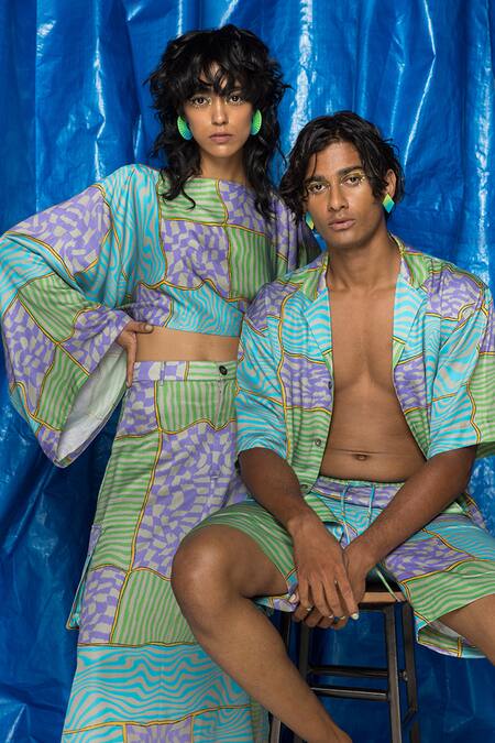 Doh Tak Keh_Grey Muslin Boat Neck Illaake Printed Kimono Sleeve Top_at_Aza_Fashions