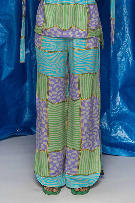 Buy_Doh Tak Keh_Grey Muslin Illaake Printed Wide Legged Trouser _Online_at_Aza_Fashions