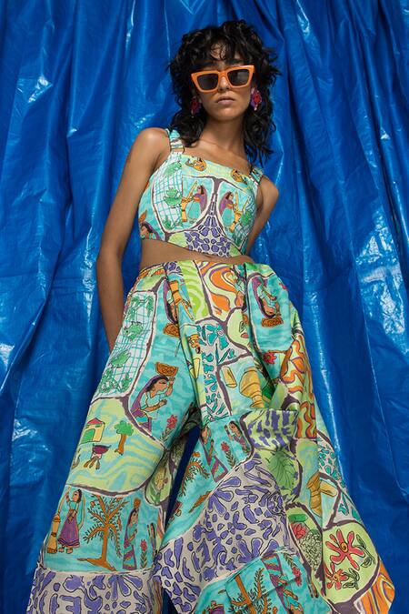 Buy_Doh Tak Keh_Blue Satin Square Neck Kasba Printed Corset Top_Online_at_Aza_Fashions
