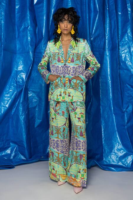 Shop Doh Tak Keh Blue Orient Slub Satin Printed Tribal Kasba Wide Legged Trouser Online at Aza Fashions Shop_Doh Tak Keh_Blue Orient Slub Satin Printed Tribal Kasba Wide Legged Trouser _Online_at_Aza_Fashions