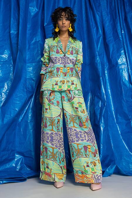 Doh Tak Keh Blue Orient Slub Satin Printed Tribal Kasba Wide Legged Trouser at Aza Fashions Doh Tak Keh_Blue Orient Slub Satin Printed Tribal Kasba Wide Legged Trouser _at_Aza_Fashions