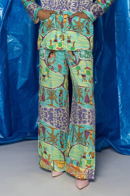 Buy Doh Tak Keh Blue Orient Slub Satin Printed Tribal Kasba Wide Legged Trouser Buy_Doh Tak Keh_Blue Orient Slub Satin Printed Tribal Kasba Wide Legged Trouser