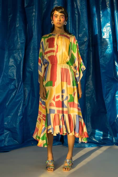 DOH TAK KEH Beige Cupro Magnum Satin Printed Abstract Keyhole Lipi Dress 