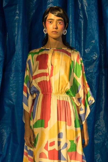 Doh Tak Keh_Beige Satin Keyhole Neck Lipi Abstract Print Dress_Online_at_Aza_Fashions