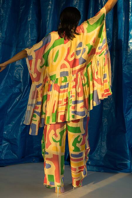 Shop_Doh Tak Keh_Beige Cupro Magnum Satin Printed Abstract Lipi Lounge Trouser _at_Aza_Fashions