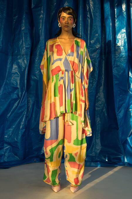 Doh Tak Keh_Beige Cupro Magnum Satin Printed Abstract Lipi Lounge Trouser _Online_at_Aza_Fashions