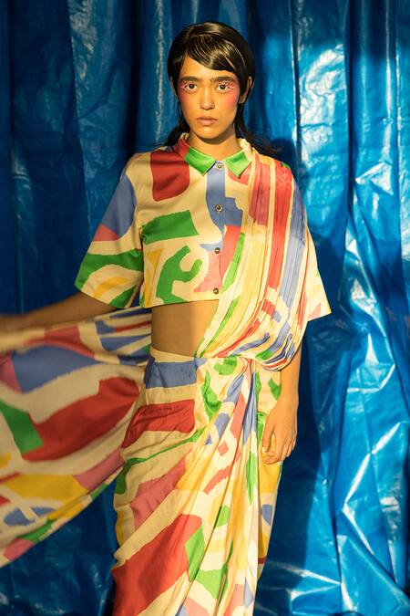 Buy_Doh Tak Keh_Beige Cupro Magnum Satin Printed Lipi Pre-draped Saree With Shirt _Online_at_Aza_Fashions