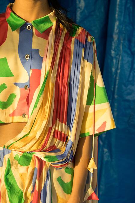 Shop_Doh Tak Keh_Beige Cupro Magnum Satin Printed Lipi Pre-draped Saree With Shirt _Online_at_Aza_Fashions