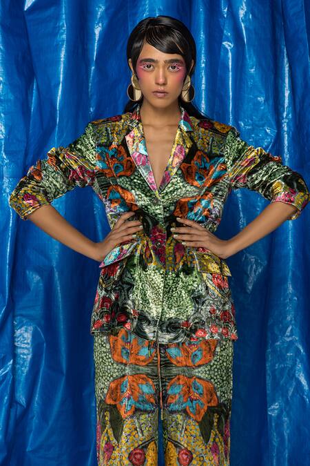 Doh Tak Keh Green Velvet Embroidery Phool Patte Printed Blazer Online at Aza Fashions Doh Tak Keh_Green Velvet Embroidery Phool Patte Printed Blazer_Online_at_Aza_Fashions