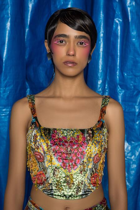 Buy_Doh Tak Keh_Green Velvet Sequins, Beads Square Neck Phool Patte Printed Corset_Online_at_Aza_Fashions