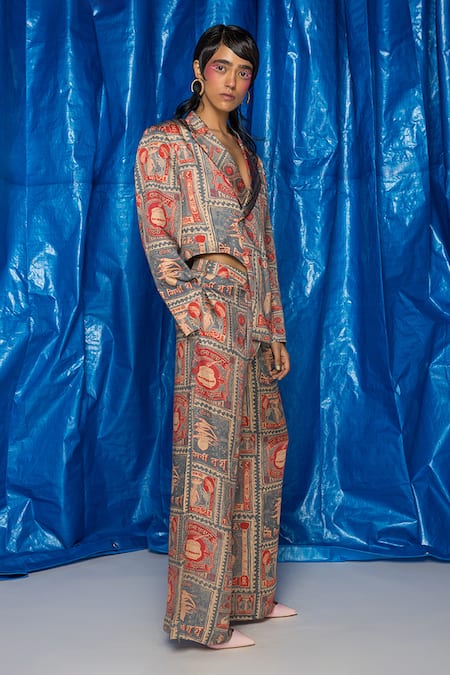 Doh Tak Keh_Grey Satin Thappa Postcard Print Blazer_Online_at_Aza_Fashions