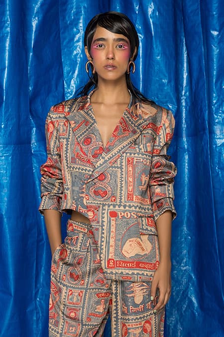 Shop_Doh Tak Keh_Grey Satin Thappa Postcard Print Blazer_Online_at_Aza_Fashions