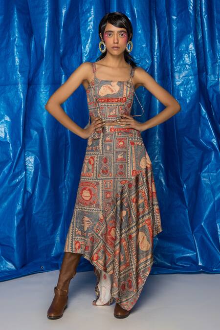 Doh Tak Keh_Grey Satin Square Neck Thappa Postcard Print Corset_Online_at_Aza_Fashions