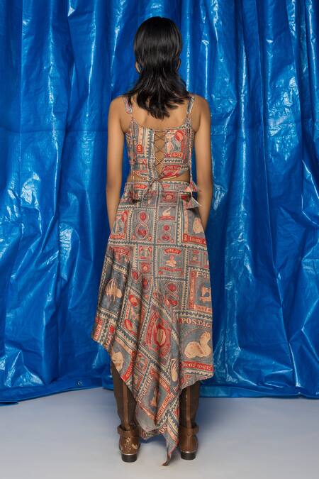 Shop_Doh Tak Keh_Grey Thappa Stamp Print Skirt_at_Aza_Fashions