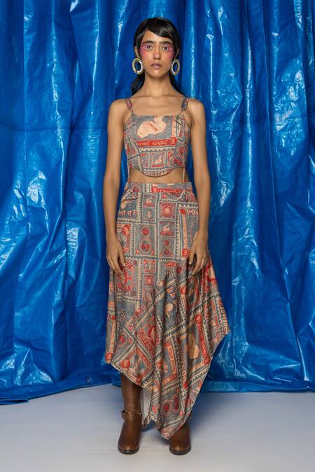 Doh Tak Keh_Grey Thappa Stamp Print Skirt_Online_at_Aza_Fashions