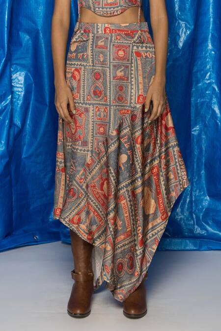 Buy_Doh Tak Keh_Grey Thappa Stamp Print Skirt_Online_at_Aza_Fashions