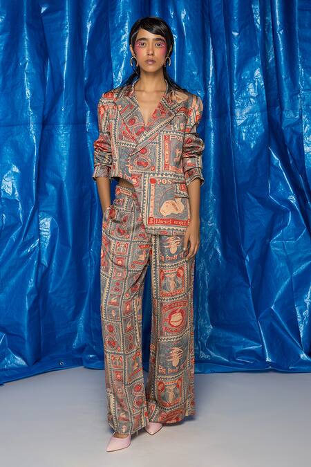 Doh Tak Keh_Grey Orient Slub Satin Printed Postcard Thappa Stamp Trouser  _Online_at_Aza_Fashions