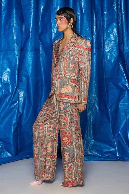 Buy_Doh Tak Keh_Grey Orient Slub Satin Printed Postcard Thappa Stamp Trouser  _Online_at_Aza_Fashions