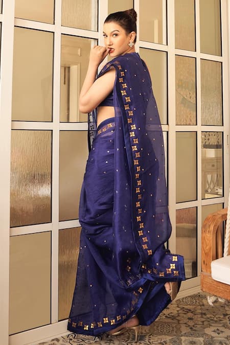 Shop_Priyal Prakash_Blue Silk Organza, Chanderi, Polyester Sequins, Zari Bloom Work Saree Blouse Set _Online_at_Aza_Fashions