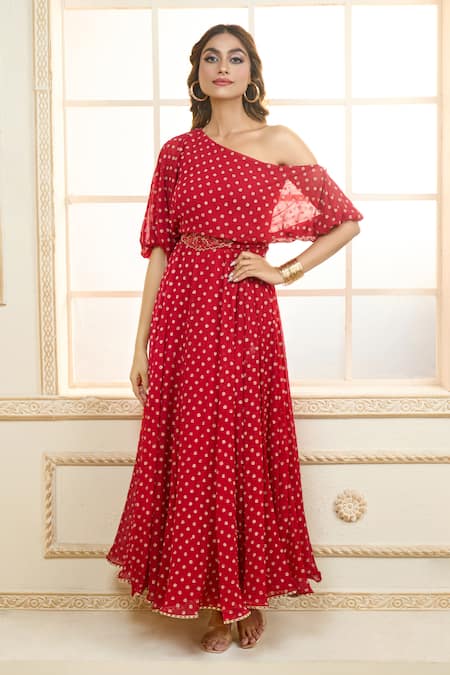 Aariyana Couture Red Chiffon Embroidered Polka Dot One Shoulder Zari Dress 