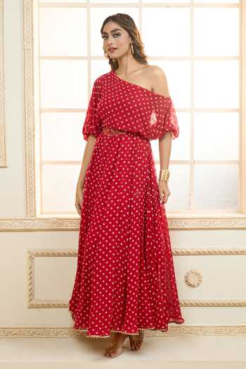 Buy_Aariyana Couture_Red Chiffon Embroidery, Lace One Shoulder Zari Dress_Online_at_Aza_Fashions