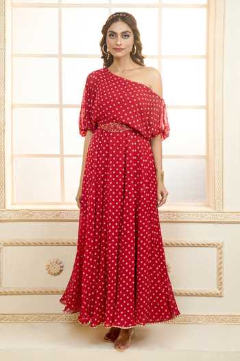 Buy_Aariyana Couture_Red Chiffon Embroidery, Lace One Shoulder Zari Dress