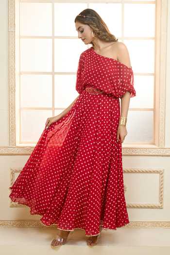 Shop_Aariyana Couture_Red Chiffon Embroidery, Lace One Shoulder Zari Dress