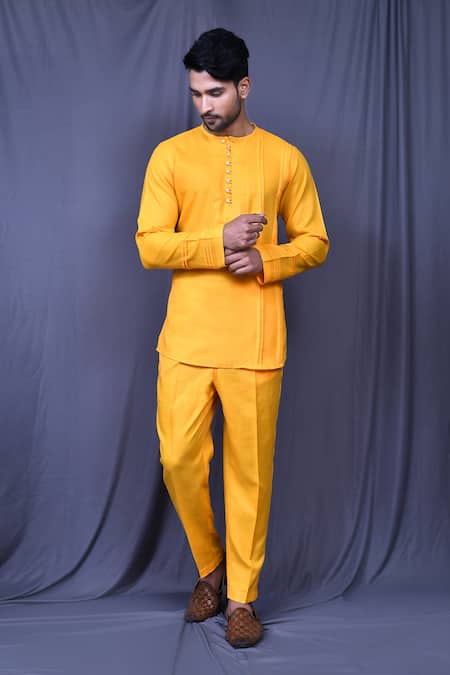 Arihant Rai Sinha Yellow Slub Cotton Solid Shirt And Straight Pant Set