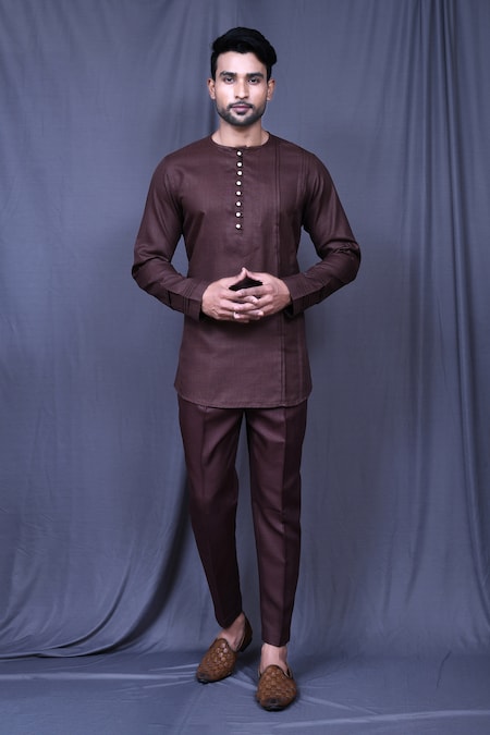 Arihant Rai Sinha Brown Slub Cotton Solid Full Sleeve Shirt And Pant Set