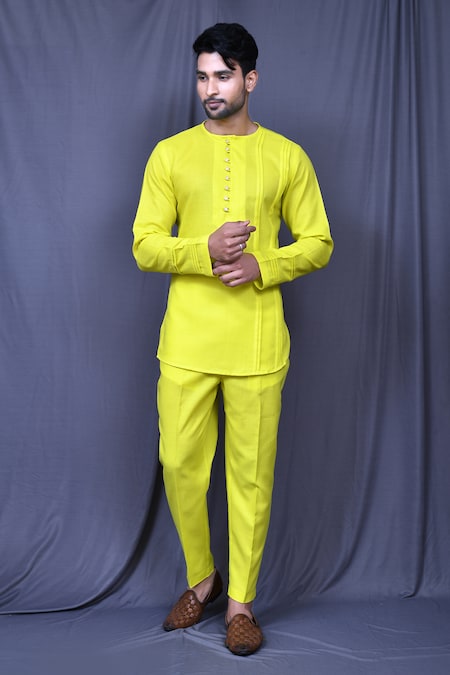 Arihant Rai Sinha Yellow Slub Cotton Solid Full Sleeve Plain Shirt And Pant Set