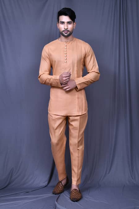 Arihant Rai Sinha Orange Slub Cotton Solid Plain Shirt And Straight-fit Pant Set