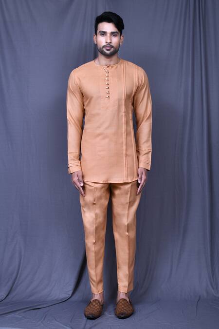 Shop_Arihant Rai Sinha_Orange Cotton Plain Shirt And Straight-fit Pant Set _Online_at_Aza_Fashions