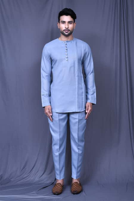 Shop_Arihant Rai Sinha_Blue Cotton Pintucked Shirt And Pant Set _Online_at_Aza_Fashions