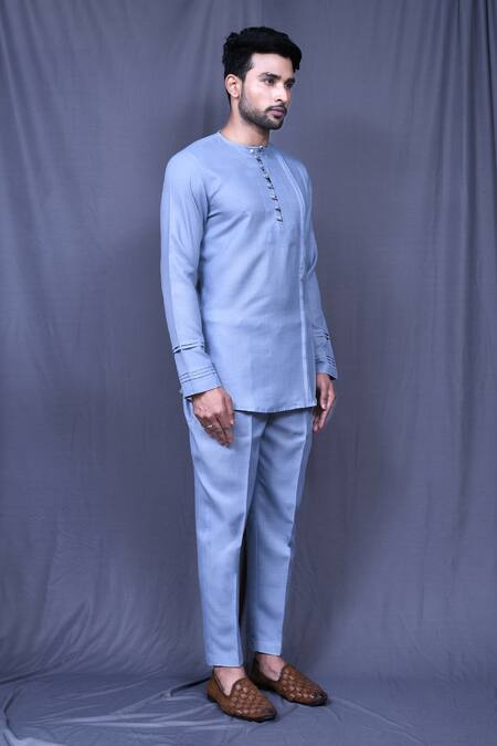 Arihant Rai Sinha_Blue Cotton Pintucked Shirt And Pant Set _at_Aza_Fashions