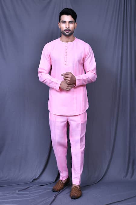 Arihant Rai Sinha Pink Cotton Slub Plain Pintucked Shirt And Pant Co-ord Set